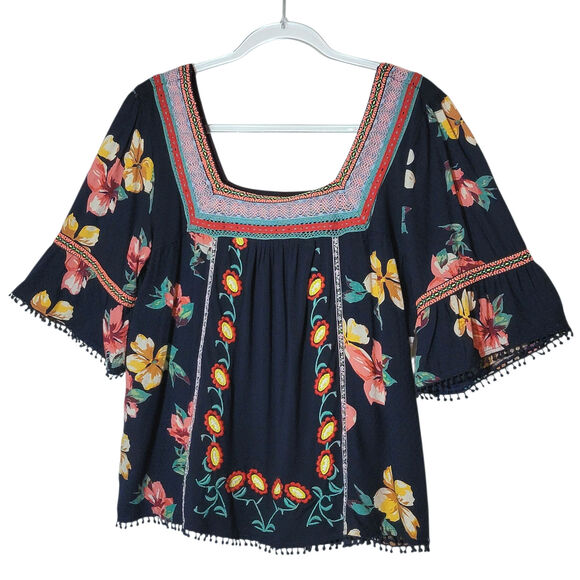 Anthropologie Dakota Embroidered Floral Square Neck Top Bell Sleeve Blue Boho M - Picture 1 of 16